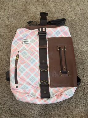 Anvanda Pink Plaid Canvas Backpack with Brown Leather Trim